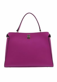 Magenta leren handtas met een gestructureerde vorm, bovenhandvat en contrasterende zwarte randen. Bevat een gouden sluiting aan de voorkant.