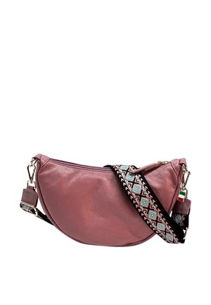 Soft pink crescent-shaped leather shoulder bag with a multicolored geometric patterned strap and small Italian flag charm on gold hardware.