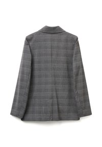Szary blazer w kratę o nowoczesnym kroju, z klapami w stylu notch, długimi rękawami i teksturowanym materiałem. Tył ma rozcięcie dla swobody ruchów.