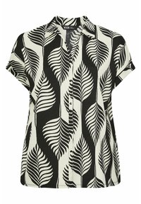 Blusa a maniche corte bianco e nero con motivo a foglie, chiusura a bottoni e una vestibilità comoda realizzata in un tessuto testurizzato.
