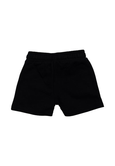 Pantaloni corti neri in cotone con vita elastica, caratterizzati da un design semplice e una texture morbida. Senza tasche o ulteriori dettagli visibili.