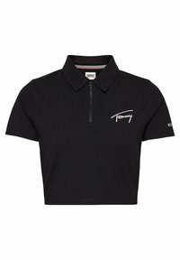 Černé zkrácené polo tričko s límečkem, půlzipem a bílým vyšívaným logem na levé straně hrudi. Krátké rukávy a měkký materiál.