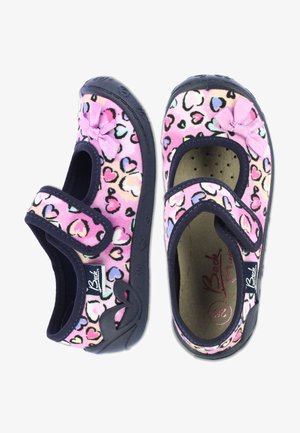 Pink fabric shoes with heart patterns, navy trim, Velcro strap, and a bow detail. Rubber soles provide grip and durability. Size 36.