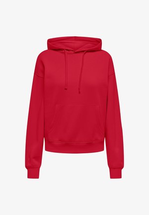 Punane pika varrukaga kapuutsiga särk, millel on ees kangaroo tasku, nööriga kapuuts ning soonikkoes käised ja äär, valgel taustal.