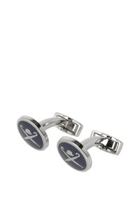 Manžetové knoflíčky ve stříbrném tónu mají kulaté středové části z tmavě modrého smaltu s bílým grafickým motivem. Hladký, leštěný povrch s klasickým pantem.