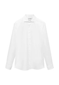 Witte lange mouwen shirt van gladde stof, met een smalle spread kraag, knoopsluiting aan de voorkant en enkele knoopmanchetten.