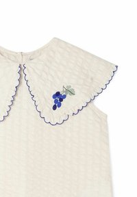 Lys beige, ærmeløs kjole med et struktureret mønster, bølgende blå kant og blå og grønne broderede druer på kraven.