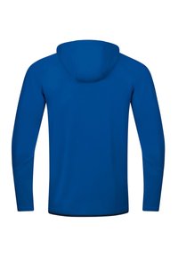 Felpa blu a maniche lunghe realizzata in un tessuto morbido. Presenta un cappuccio e pannelli texture sulle spalle. Design leggero e aderente.