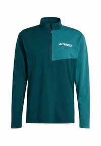 Teal dlhý rukáv pulóver s polovičným zipsom, s kontrastným svetlým teal panelom na hrudi a bielym logom "Terrex".
