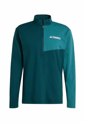 Teal long-sleeve pullover with a half zipper, featuring a contrasting lighter teal chest panel and the "Terrex" logo in white.