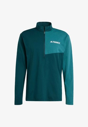 Türkisfarbenes Langarm-Pullover mit halbem Reißverschluss, ausgestattet mit einem kontrastierenden helleren türkisfarbenen Brustpaneel und dem "Terrex"-Logo in Weiß.