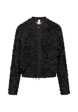 Zwarte bomberjas met ritssluiting, voorzien van 3D bloemapplicaties met textuur op de voorkant, mouwen en schouders, geribbelde boorden en tailleband.