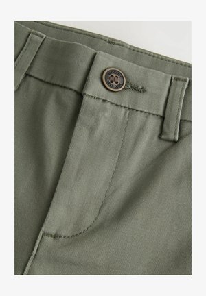 Ciemnozielone spodnie z pionowym prążkowanym wzorem, metalowym guzikiem z napisem "Authentic Next Dude" oraz detalami kieszeni bocznych.