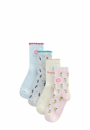 Four pairs of cotton socks: blue, grey, cream, and pink, featuring tropical patterns with toucans and parrots, plus scalloped tops in contrasting colors.