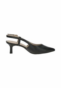 Črne slingback pumps čevlje iz gladke usnje, z zašiljenim prstom in nizkim blokom peto ter stranskimi izrezi za dodano obliko.