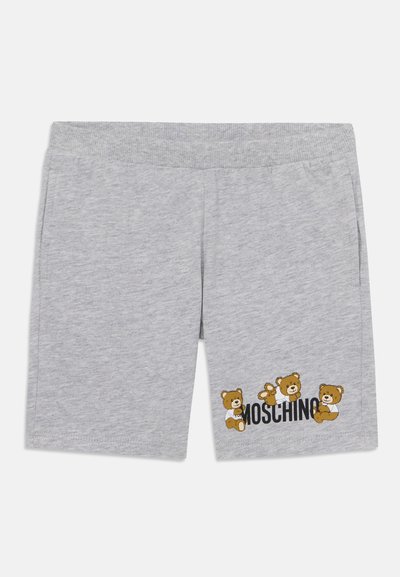 Szürke pamut rövidnadrág, puha tapintással, rugalmas derékkal és grafikus mintával, amelyen három mesebeli medve látható a "Moschino" felirattal.