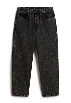 Black denim jeans with a faded, textured finish. Features two front pockets, a button fly, and straight-leg cut. Classic design.