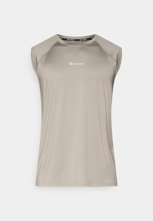 Gaiši pelēks bezroku sporta tops, izgatavots no gludas, mitrumu novadošas auduma. Tam ir apaļa kakla līnija un neliels Champion logotips uz krūtīm.