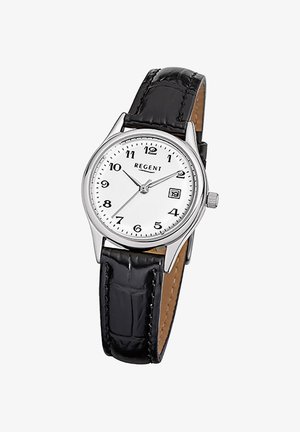 Montre classique Regent avec cadran blanc, chiffres arabes noirs, aiguilles argentées, fenêtre de date et bracelet en cuir noir.