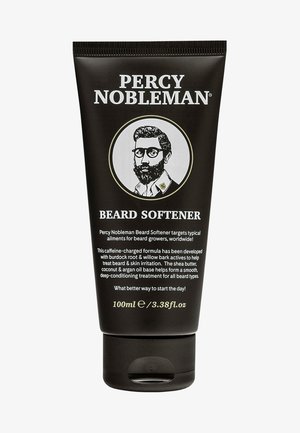 Zwarte tube van Percy Nobleman Beard Softener, 100ml. Bevat een flip-topdeksel, witte tekst en een geïllustreerd etiket met een man.