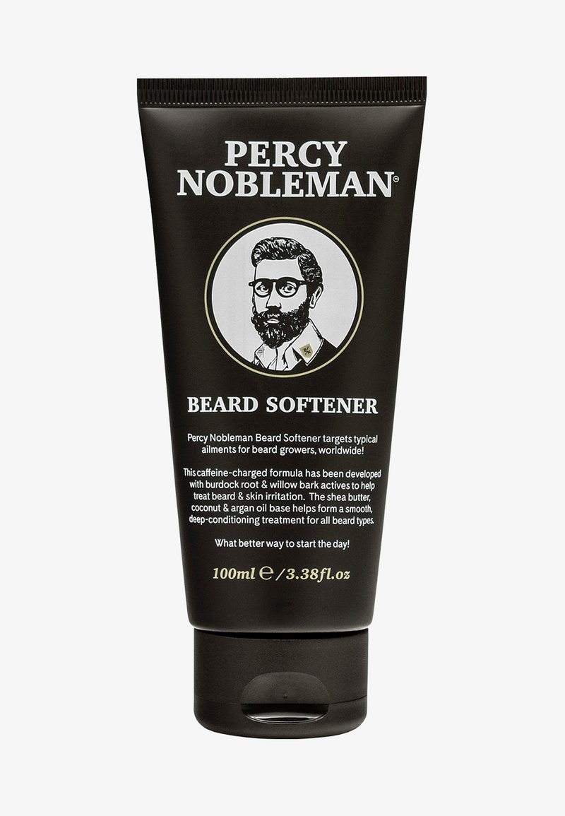 Zwarte tube van Percy Nobleman Beard Softener, 100ml. Bevat een flip-topdeksel, witte tekst en een geïllustreerd etiket met een man.