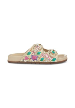 Sandalia de deslizar bordada en beige con patrones florales en rosa y verde. Cuenta con dos hebillas ajustables y una suela texturizada para un mejor agarre.