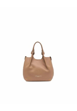 Borsa a mano in pelle marrone testurizzata con due manici, forma arrotondata e piccolo testo logo al centro davanti.