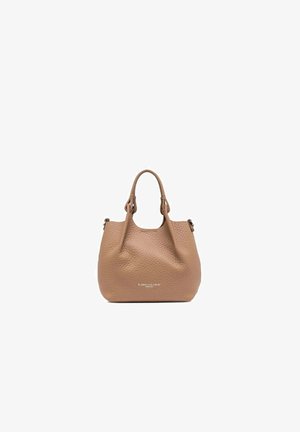 Sac à main en cuir marron texturé avec deux poignées, forme arrondie et petit texte de logo au centre avant.