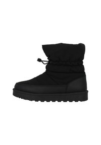 Stivaletti neri alla caviglia con una tomaia imbottita, collare arricciato e suola in gomma testurizzata. Presentano una punta rinforzata e un design elegante.