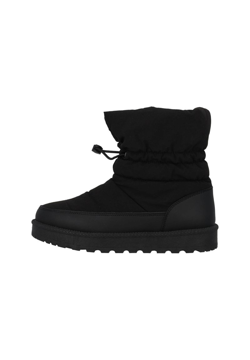 Stivaletti neri alla caviglia con una tomaia imbottita, collare arricciato e suola in gomma testurizzata. Presentano una punta rinforzata e un design elegante.