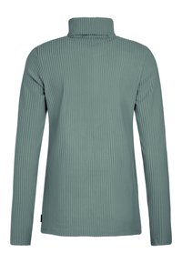 Pull à col roulé côtelé à manches longues en vert sourd, avec une silhouette ajustée et des rayures verticales texturées.