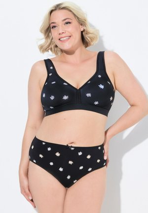 Bralette noire et culotte assortie avec broderie florale. Design en V avec tissu doux et bretelles réglables. La broderie présente des couleurs claires.
