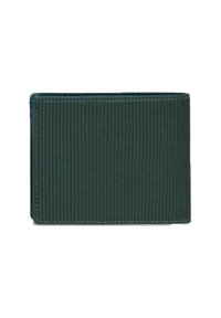 Portafoglio verde con trama a coste, caratterizzato da una forma rettangolare e bordi cuciti. Nessun elemento decorativo o accessorio visibile.