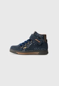 Navy blue high-top sneakers with perforated suede, contrasting gold accents, and a velcro strap. Features black rubber sole and round toe.