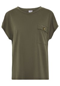 Olijf groene t-shirt met korte mouwen, een ronde hals en een voorzak met knoopdetail. Zachte, gladde stof met een ontspannen pasvorm.