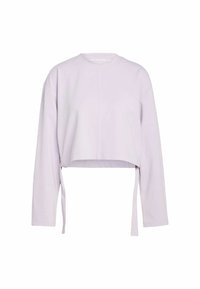 Lichtpaarse cropped sweatshirt met lange mouwen, ronde halslijn en zijknopen. Zachte textuur, gladde stof en minimalistisch ontwerp.