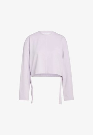 Vihreä purppura lyhyt hihainen collegepaita, jossa on pyöristetty pääntie ja sivusiteet. Pehmeä rakenne, sileä kangas ja minimalistinen muotoilu.