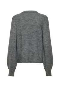Pull gris en tricot avec un col rond, de longues manches bouffantes et une texture douce. Le design présente une longueur raccourcie et des détails minimalistes.