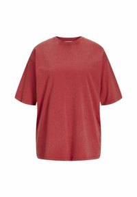 Rød bomulls t-skjorte med rund hals, korte ermer og avslappet passform. Stoffet har en litt falmet tekstur og ingen synlige mønstre.