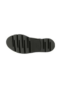 Zwarte rubberen zool met meerdere groeven en ribbels voor grip. Heeft een glad oppervlak met een ronde neus en getextureerde accenten.