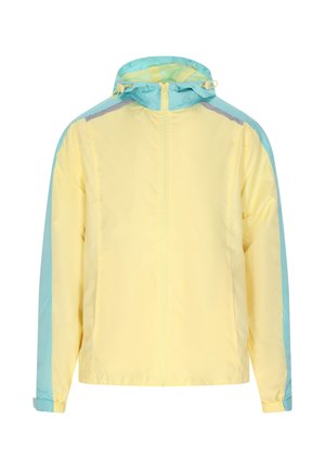 Lichte jas met een gele body en teal accenten, verstelbare capuchon en elastische manchetten; glad, waterafstotend materiaal.