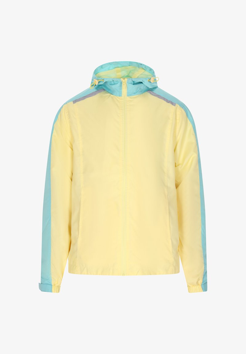 Lichte jas met een gele body en teal accenten, verstelbare capuchon en elastische manchetten; glad, waterafstotend materiaal.
