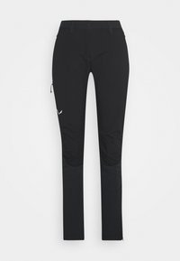 Svarte utendørsbukser med slim fit, laget av stretchstoff. Har knepaneler og en glidelåslomme på siden. Egner seg for aktiv bruk.