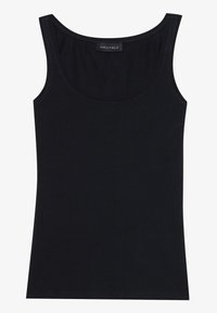 Canotta nera senza maniche con scollo rotondo, realizzata in tessuto morbido ed elastico, caratterizzata da una texture liscia e un etichetta del marchio discreta.