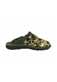 Green felt slipper with floral embroidery in orange and white, featuring an open back design and textured black rubber sole.