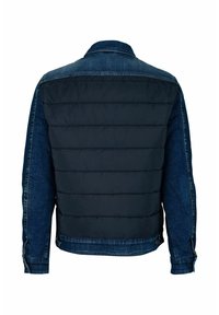 Farkkutakki, jossa on tikkikuvioinen tummansininen paneeli takana, pitkät hihat ja napit. Rakenteellinen kankaiden kontrasti muotoilussa.