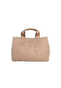 Borsa tote beige con una texture morbida, dotata di manici simili al sughero e nome del marchio impresso. Design minimalista, spaziosa con una forma rettangolare.