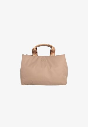 Borsa tote beige con una texture morbida, dotata di manici simili al sughero e nome del marchio impresso. Design minimalista, spaziosa con una forma rettangolare.
