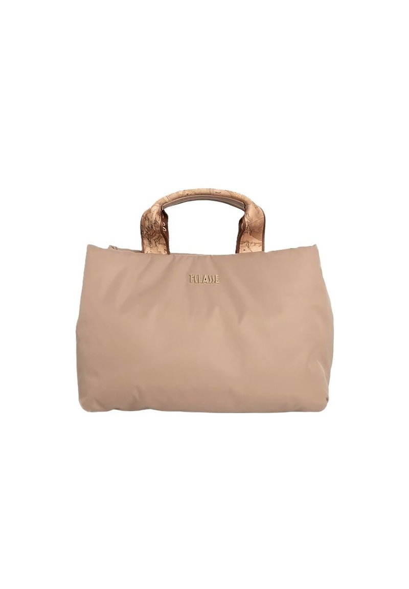 Borsa tote beige con una texture morbida, dotata di manici simili al sughero e nome del marchio impresso. Design minimalista, spaziosa con una forma rettangolare.