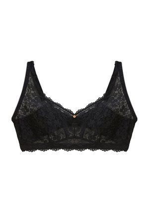 Bralette en dentelle noire avec motif floral, bretelles réglables, bords festonnés, et un petit ornement doré au centre avant.